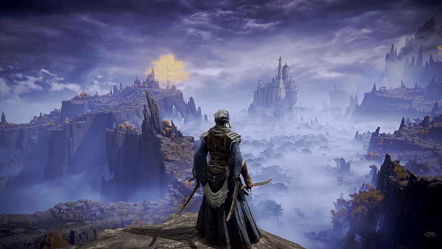 Elden Ring warrior overlooking misty floating castles and golden tree in dark fantasy landscape HD wallpaper