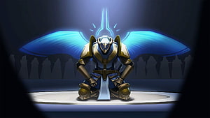Ultrakill Knight in Blue and Gold Armor Kneeling Before Glowing Wings HD wallpaper