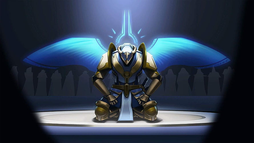 Ultrakill Knight in Blue and Gold Armor Kneeling Before Glowing Wings HD wallpaper