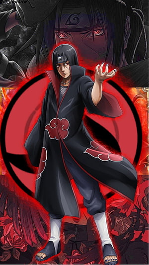 Itachi Uchiha from Naruto Shippuden in Akatsuki cloak with Sharingan and red chakra aura HD phone wallpaper
