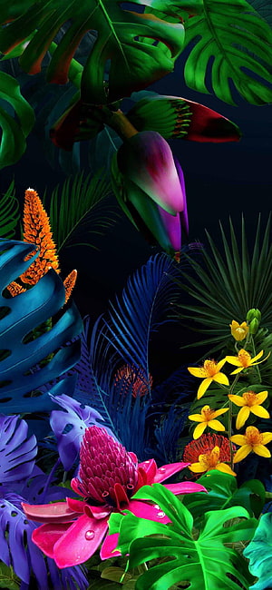 Vibrant 3D tropical jungle with exotic flowers and monstera leaves on dark background HD phone wallpaper