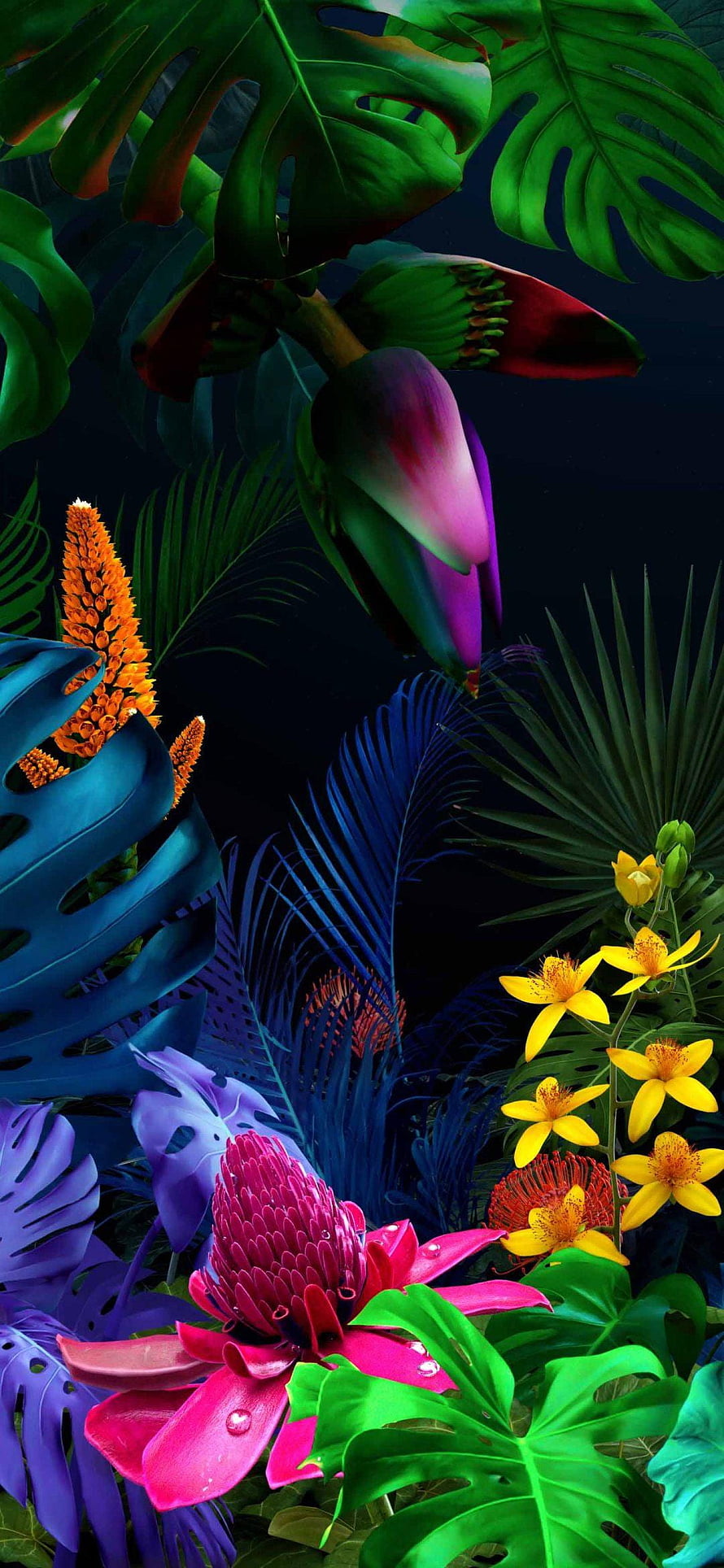 Vibrant 3D tropical jungle with exotic flowers and monstera leaves on dark background HD phone wallpaper