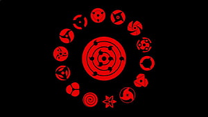 Naruto Sharingan Eye Collection Displayed in a Red Circular Arrangement on Black Background HD wallpaper