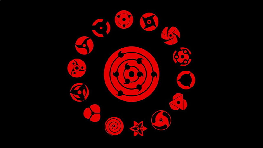 Naruto Sharingan Eye Collection Displayed in a Red Circular Arrangement on Black Background HD wallpaper