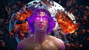 Matuê Digital Art Portrait with Glowing Purple Hair and Cosmic Planet Background HD wallpaper