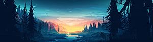 Stylized Digital Art of a Serene Forest River at Sunset with Pine Trees HD wallpaper
