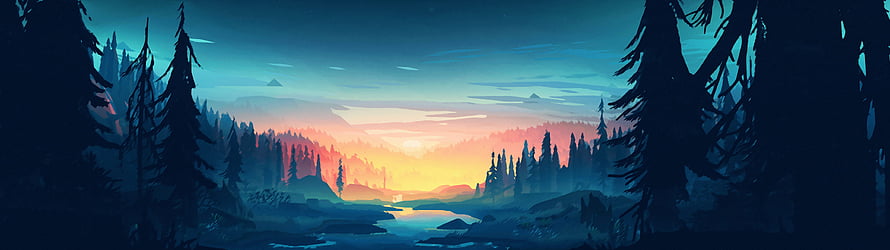 Stylized Digital Art of a Serene Forest River at Sunset with Pine Trees HD wallpaper