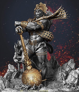 Hanuman 3D Sculpture with Golden Mace and Leopard Skin, 10 Stunning Zbrush Model designs by Indian 3D Artist Gaurav, hanuman anime angry HD phone wallpaper