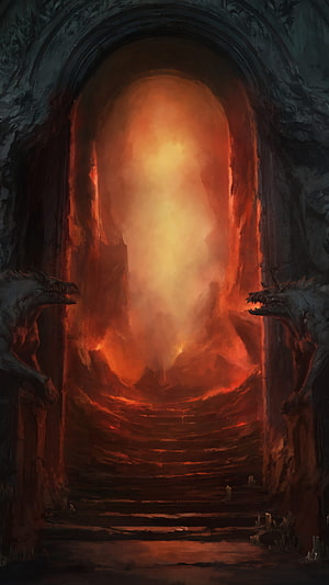 Dark Fantasy Gate to the Underworld with Dragon Statues and Fiery Abyss HD phone wallpaper