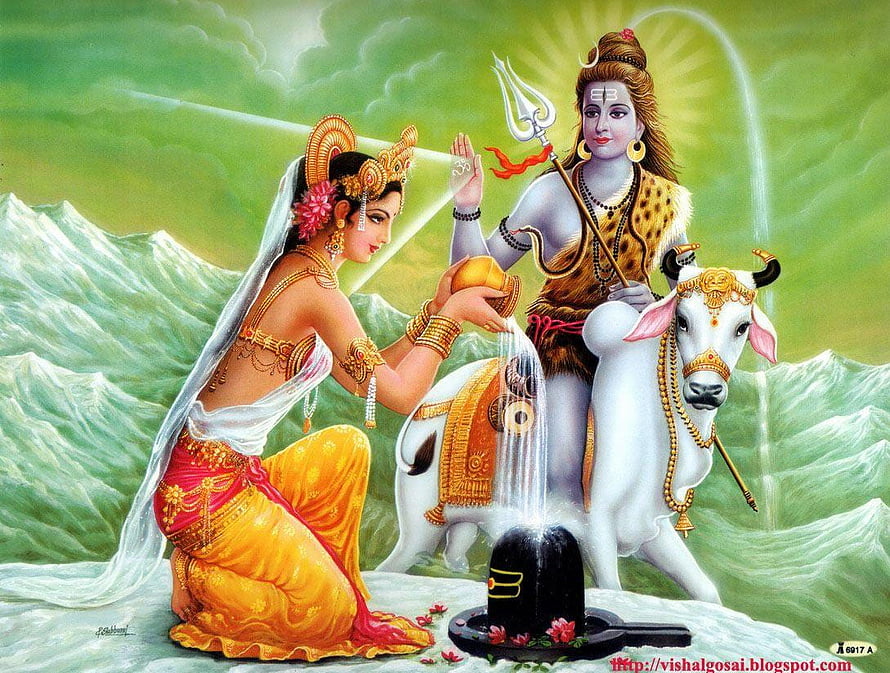 Lord Shiva and Parvati Performing Abhishekam on a Shiva Lingam with Nandi HD wallpaper