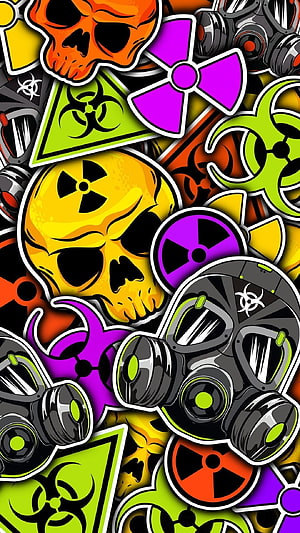 Colorful Hazard Sticker Collage Featuring Skulls, Gas Masks, and Biohazard Symbols HD phone wallpaper