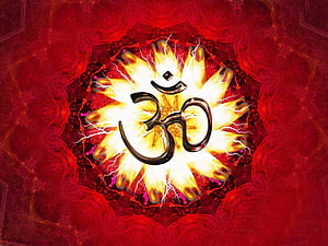 Glowing Om Symbol With Electric Lightning Burst On Deep Red Mandala Background HD wallpaper