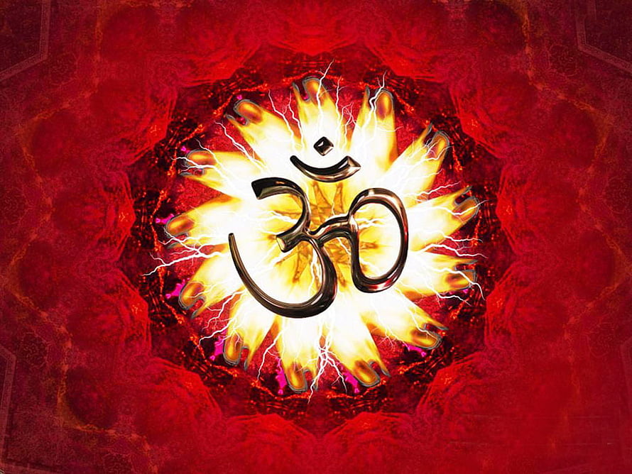 Glowing Om Symbol With Electric Lightning Burst On Deep Red Mandala Background HD wallpaper