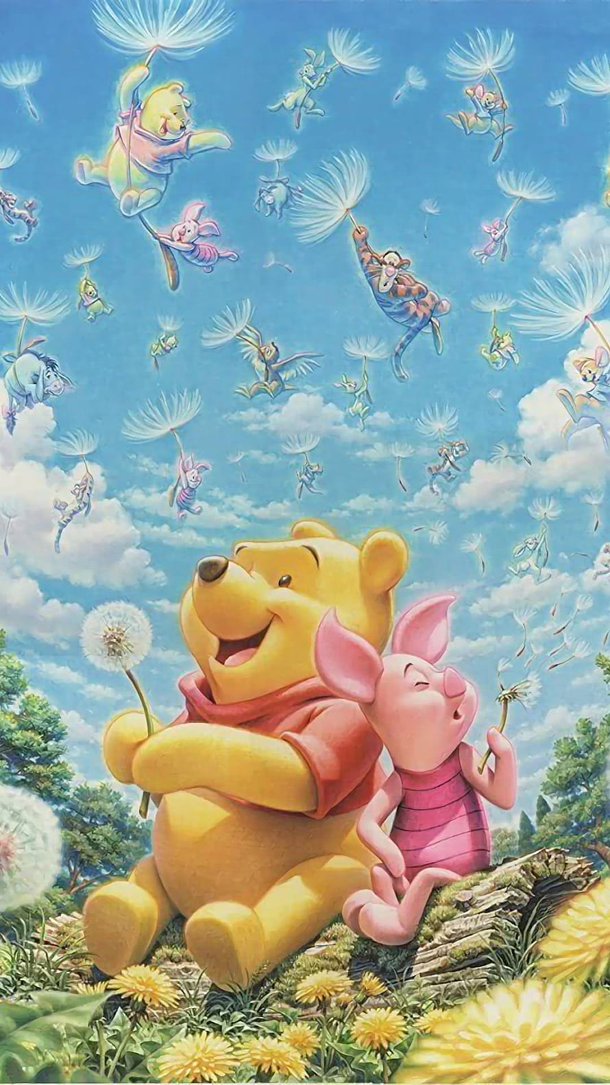 Winnie the Pooh and Piglet Blowing Dandelion Seeds in a Sunny Meadow HD phone wallpaper