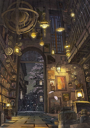 Cozy Fantasy Library Interior With Hanging Lanterns And Cherry Blossoms HD phone wallpaper