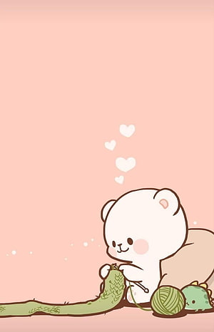 Milk & Mocha Bear Knitting Green Scarf with Hearts on Soft Pink Background HD phone wallpaper