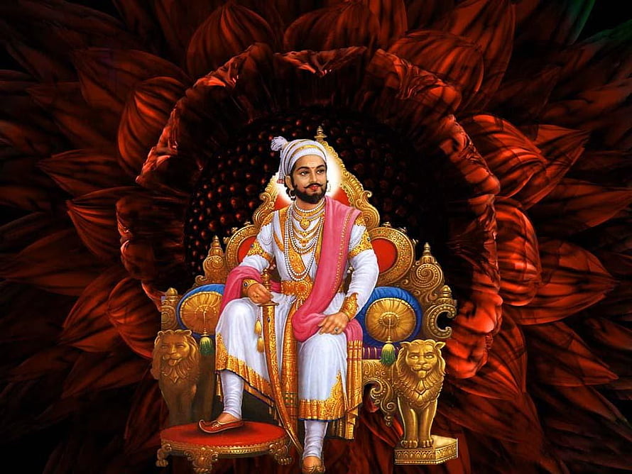 Portrait of Chhatrapati Shivaji Maharaj Sitting on a Golden Throne with Sunflower Background HD wallpaper