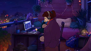 Lofi Girl Studying on a Cozy Balcony at Night with Cat and Laptop HD wallpaper