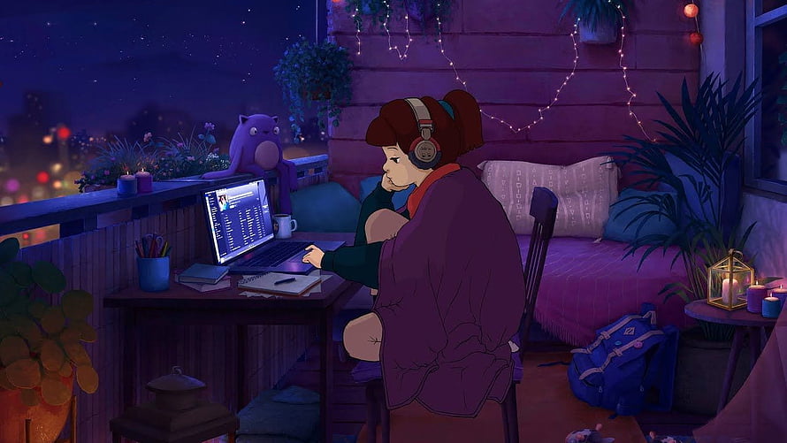 Lofi Girl Studying on a Cozy Balcony at Night with Cat and Laptop HD wallpaper