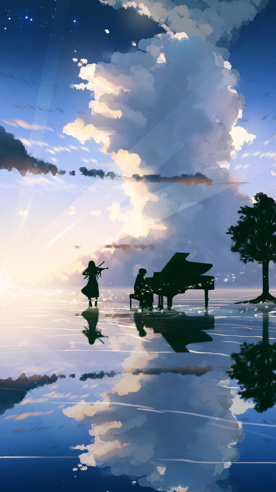 Your Lie in April Silhouette Scene with Piano and Violin by Water Reflection HD phone wallpaper