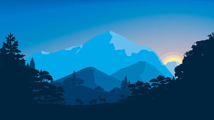 Minimalist Blue Mountain Landscape with Silhouetted Deer and Forest at Dusk HD wallpaper