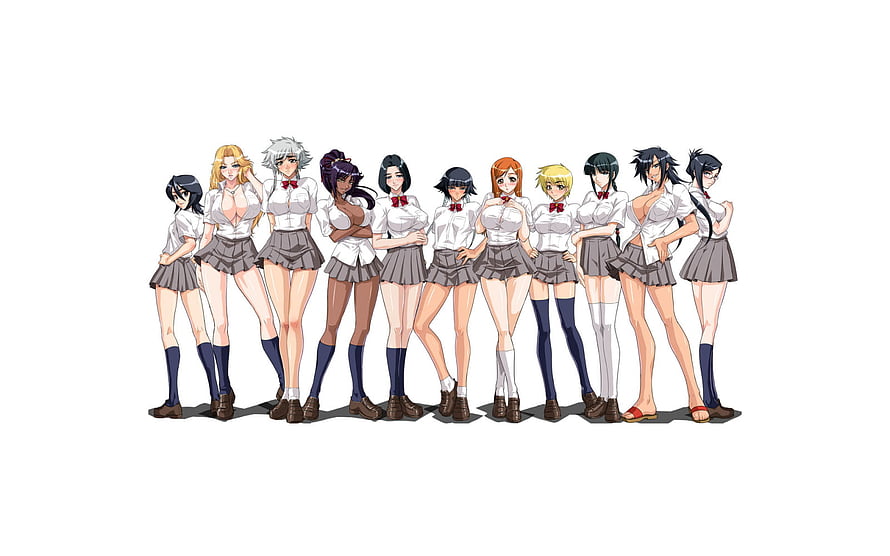 Bleach Female Characters in School Uniforms Standing in a Line on White Background HD wallpaper