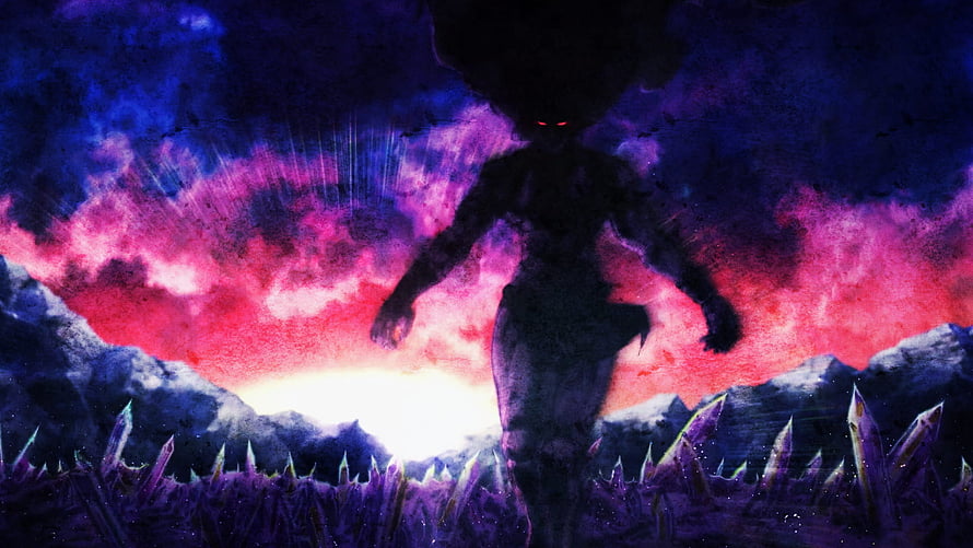 Kars Silhouette in Jojo's Bizarre Adventure with Glowing Red Eyes and Crystal Landscape HD wallpaper
