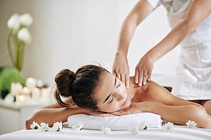 Relaxing Spa Massage Scene With Woman Receiving Back Treatment And White Flowers, spa massage, #Massage HD wallpaper