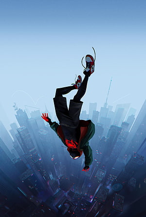 Miles Morales Spider-Man Free Falling Over City Skyline, Spider Man Into The Spider Verse ... tip, into the spider verse HD phone wallpaper