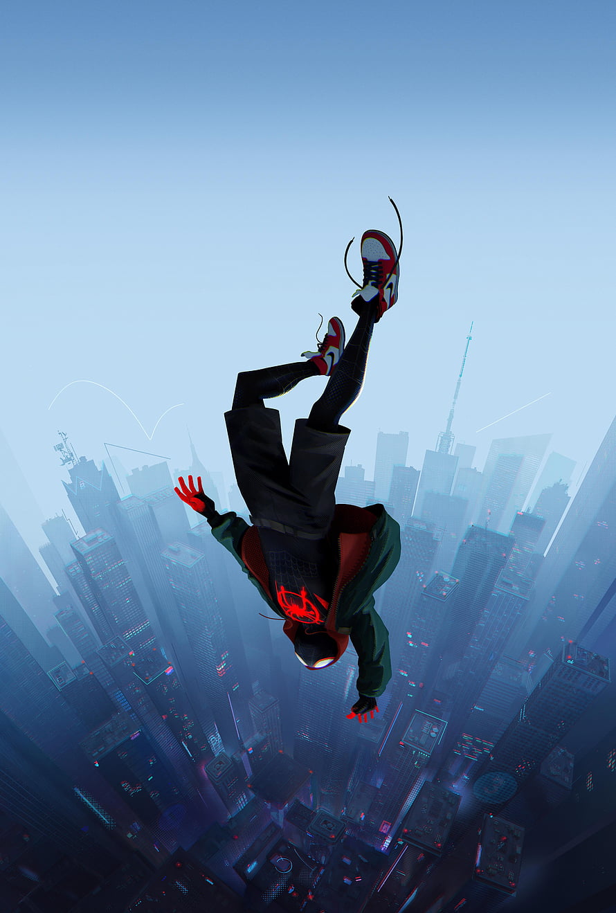 Miles Morales Spider-Man Free Falling Over City Skyline, Spider Man Into The Spider Verse ... tip, into the spider verse HD phone wallpaper