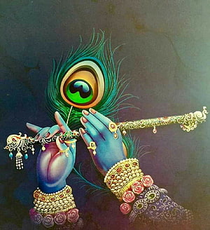 Krishna Playing Flute with Peacock Feather and Ornate Jewelry HD phone wallpaper