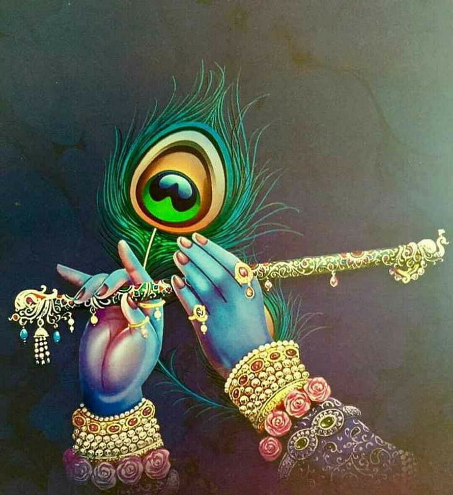 Krishna Playing Flute with Peacock Feather and Ornate Jewelry HD phone wallpaper