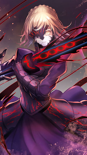 Saber Alter Artoria Pendragon Dark Fantasy Anime Character with Red Energy Sword HD phone wallpaper