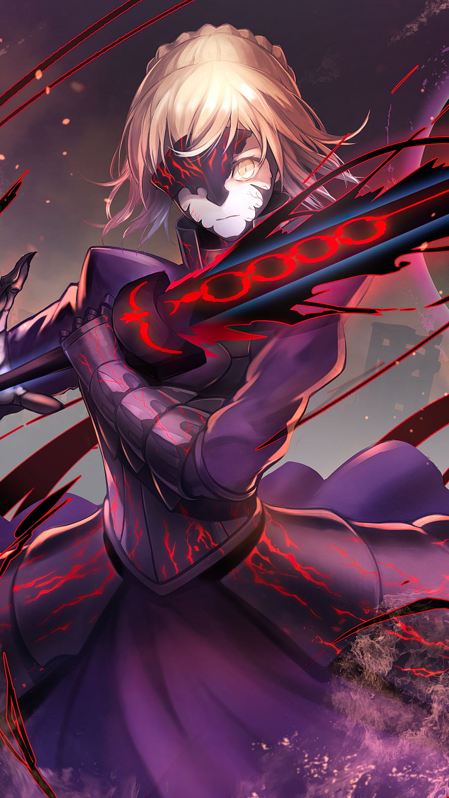 Saber Alter Artoria Pendragon Dark Fantasy Anime Character with Red Energy Sword HD phone wallpaper