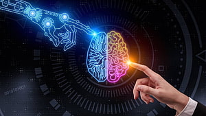 Human and Robot Hands Touching Digital Brain Illustrating Artificial Intelligence, Human Intelligence Can Fix Artificial Intelligent Shortcomings, artificial intelligence HD wallpaper