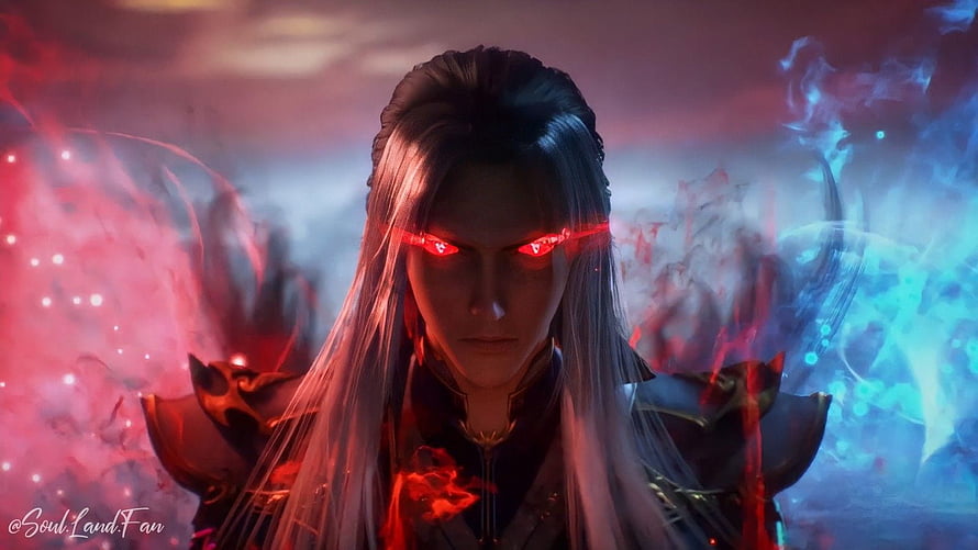 Soul Land Tang San with glowing red eyes and dual elemental energy aura HD wallpaper