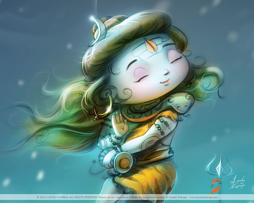 Cute Chibi Lord Shiva Digital Art with Crescent Moon and Trishula HD wallpaper