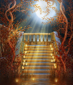 Enchanted Autumn Staircase with Candles and Full Moon in Fantasy Landscape HD phone wallpaper