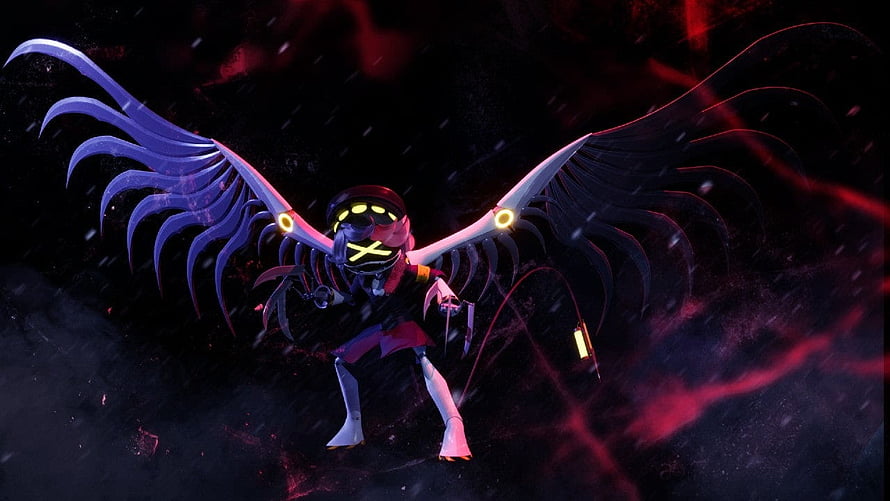 Murder Drones animated character with glowing wings and dark red energy effects HD wallpaper