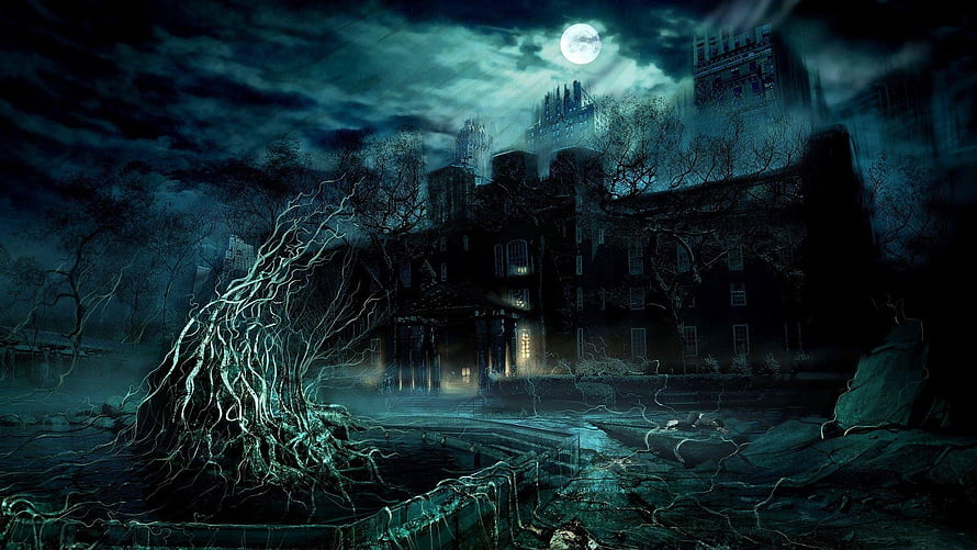 Spooky Haunted Mansion Under Full Moon With Twisted Roots And Foggy Night Atmosphere, 3d for pc full screen, #for pc HD wallpaper