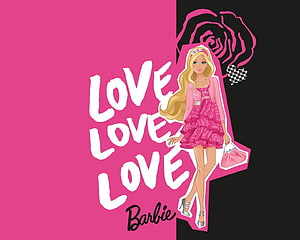 Barbie Love Love Love Illustration with Pink Dress and Rose Motif HD wallpaper