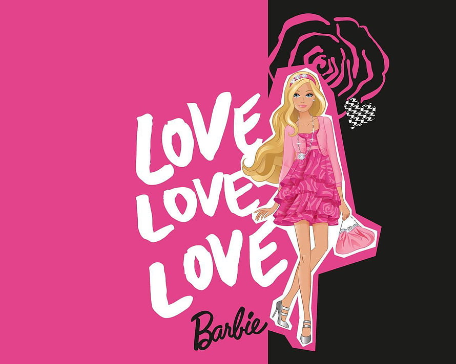 Barbie Love Love Love Illustration with Pink Dress and Rose Motif HD wallpaper