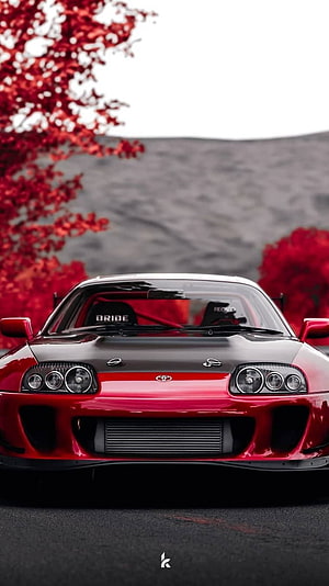 Red Toyota Supra MK4 JDM Drift Car Front View with Bride Seats and Autumn Foliage HD phone wallpaper