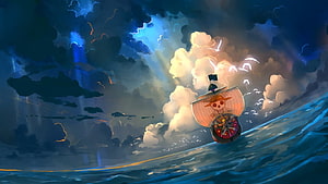 Thousand Sunny sailing through dramatic stormy seas with golden sunset light breaking through dark clouds HD wallpaper