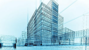Modern architectural wireframe rendering of a high-rise building with structural grid lines HD wallpaper