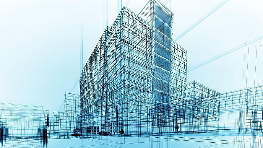 Modern architectural wireframe rendering of a high-rise building with structural grid lines HD wallpaper