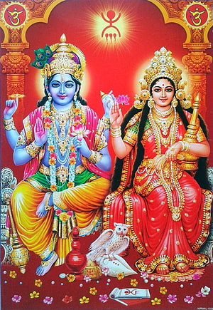 Vibrant Hindu Deities Vishnu and Lakshmi Sitting Together with Owl and Lotus HD phone wallpaper