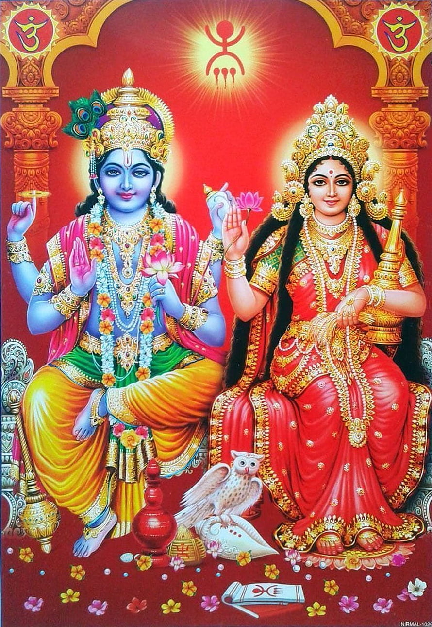 Vibrant Hindu Deities Vishnu and Lakshmi Sitting Together with Owl and Lotus HD phone wallpaper