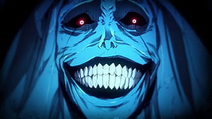 Solo Leveling Anime Villain Face with Glowing Red Eyes and Wide Grin HD wallpaper