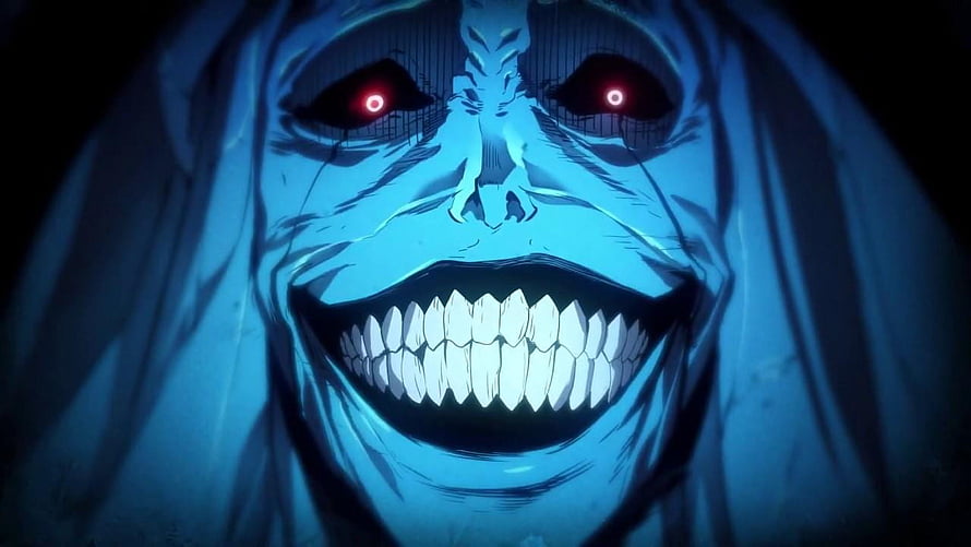 Solo Leveling Anime Villain Face with Glowing Red Eyes and Wide Grin HD wallpaper